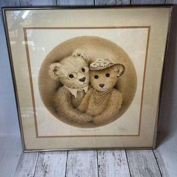 SUE WILLIS September Song mounted & Framed Teddy Bear Print Nursery Decor - Picture 1 of 9